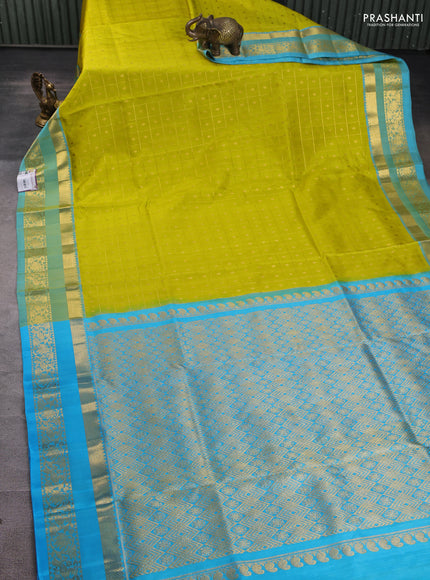 Venkatagiri silk saree lime yellow and teal blue with allover zari checks & buttas and rettapet zari woven border