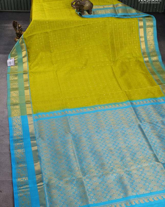 Venkatagiri silk saree lime yellow and teal blue with allover zari checks & buttas and rettapet zari woven border