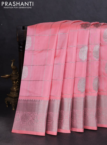 Venkatagiri silk saree peach shade with allover silver zari checks & buttas and silver zari woven border