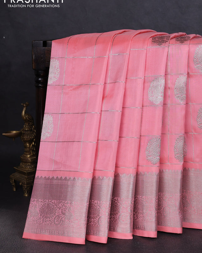 Venkatagiri silk saree peach shade with allover silver zari checks & buttas and silver zari woven border