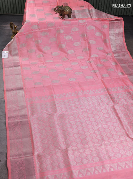 Venkatagiri silk saree peach shade with allover silver zari checks & buttas and silver zari woven border