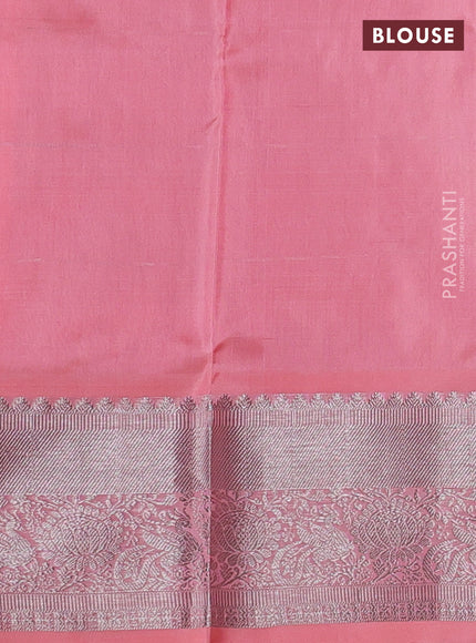 Venkatagiri silk saree peach shade with allover silver zari checks & buttas and silver zari woven border