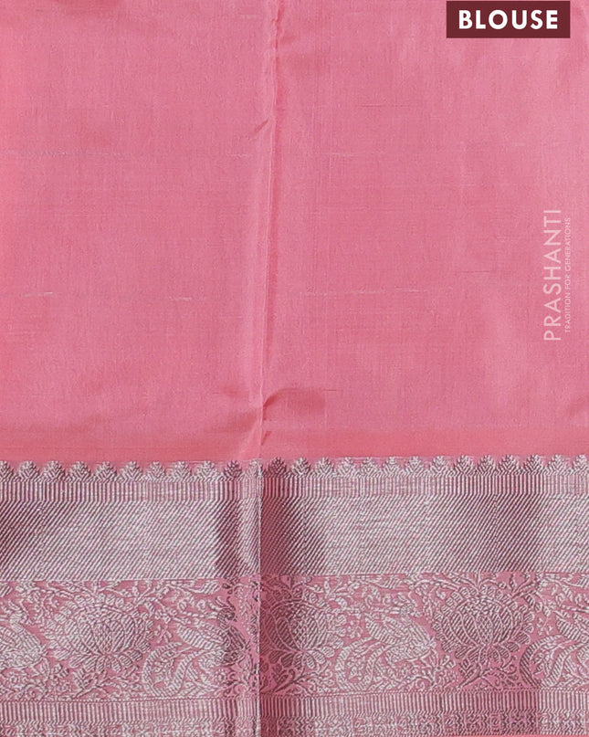 Venkatagiri silk saree peach shade with allover silver zari checks & buttas and silver zari woven border