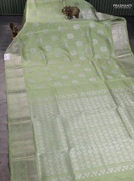 Venkatagiri silk saree pista green with allover silver zari checks & buttas and silver zari woven border