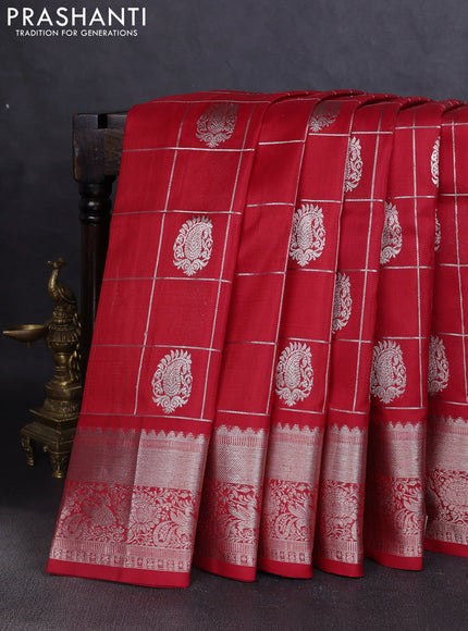 Venkatagiri silk saree red with allover silver zari checks & buttas and silver zari woven border