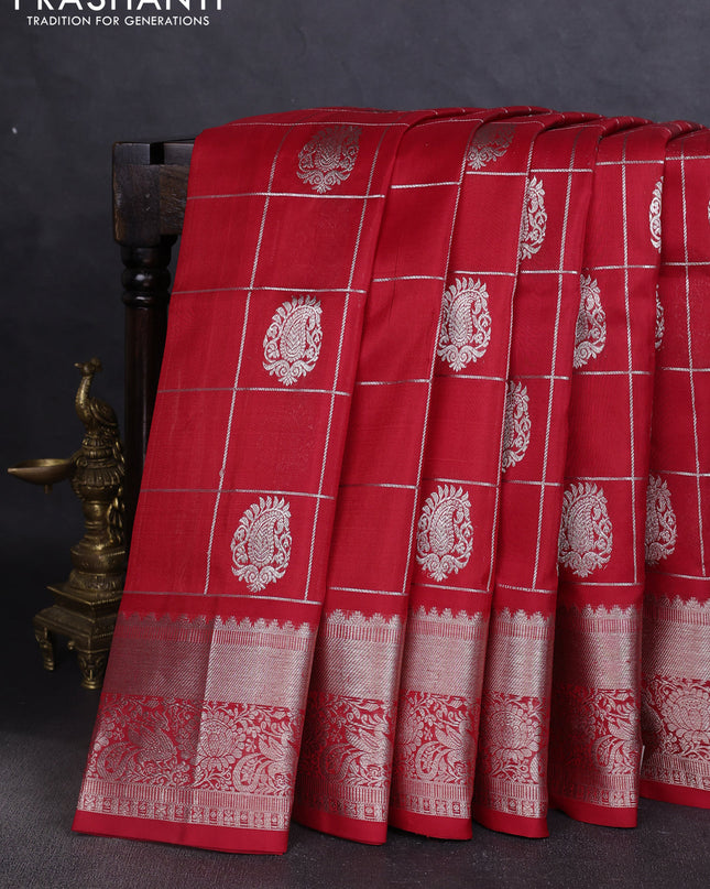 Venkatagiri silk saree red with allover silver zari checks & buttas and silver zari woven border