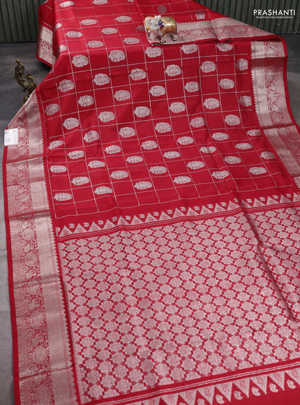 Venkatagiri silk saree red with allover silver zari checks & buttas and silver zari woven border