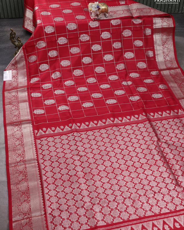 Venkatagiri silk saree red with allover silver zari checks & buttas and silver zari woven border