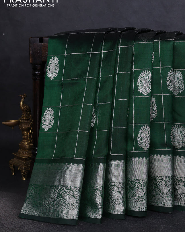 Venkatagiri silk saree green with allover silver zari checks & buttas and silver zari woven border