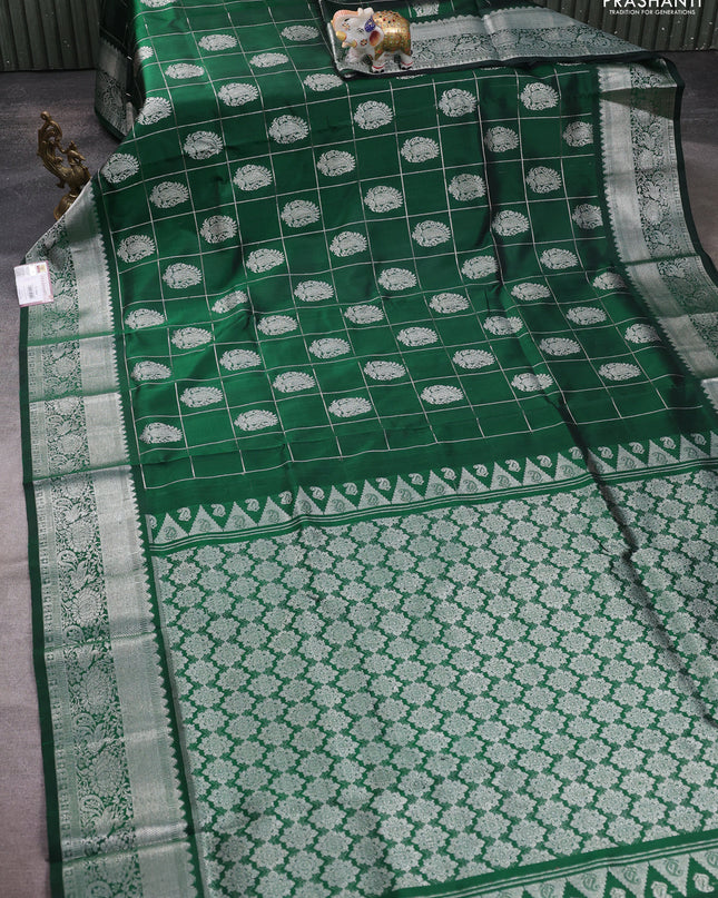 Venkatagiri silk saree green with allover silver zari checks & buttas and silver zari woven border