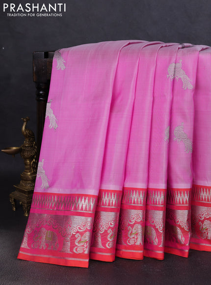 Venkatagiri silk saree light pink and dual shade of pinkish orange with silver zari woven buttas and rich zari woven border