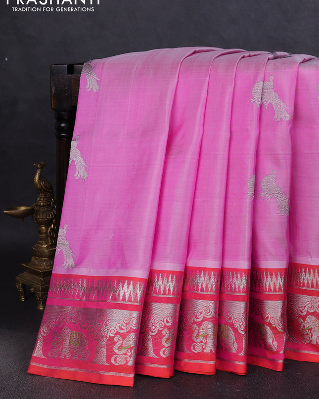 Venkatagiri silk saree pastel pink with allover silver zari checks & buttas and annam silver zari woven border