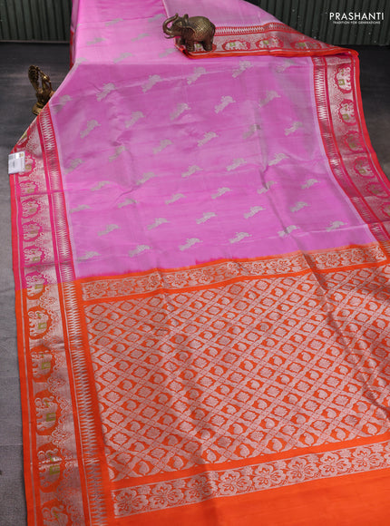 Venkatagiri silk saree light pink and dual shade of pinkish orange with silver zari woven buttas and rich zari woven border