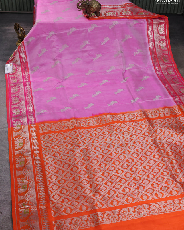 Venkatagiri silk saree rustic orange and deep maroon with silver zari woven buttas and long silver zari woven border