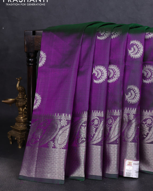 Venkatagiri silk saree dual shade of bluish green with silver zari woven buttas and rich zari woven border