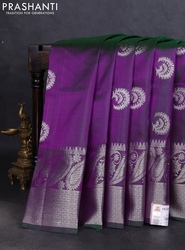 Venkatagiri silk saree dual shade of bluish green with silver zari woven buttas and rich zari woven border