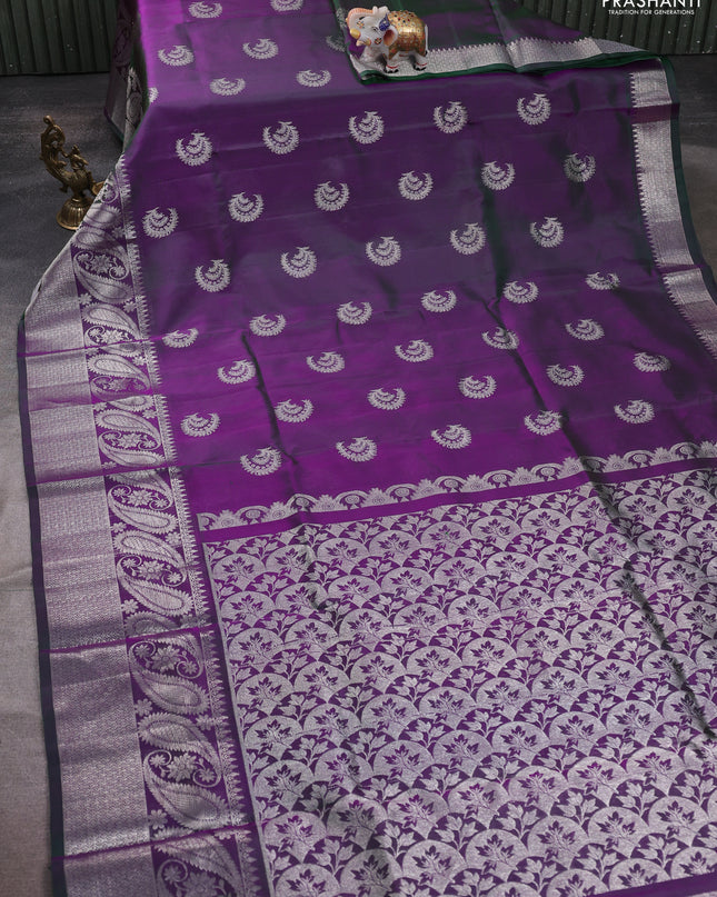 Venkatagiri silk saree dual shade of bluish green with silver zari woven buttas and rich zari woven border