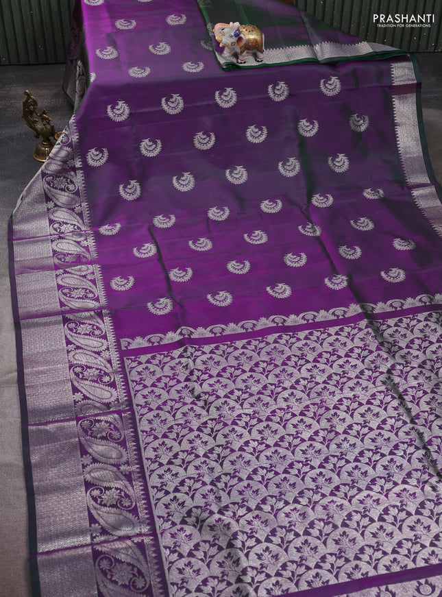 Venkatagiri silk saree dual shade of bluish green with silver zari woven buttas and rich zari woven border