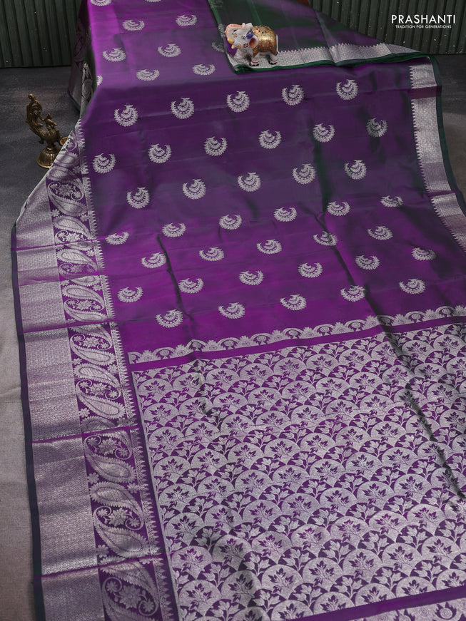 Venkatagiri silk saree dual shade of bluish green with silver zari woven buttas and rich zari woven border