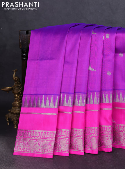 Venkatagiri silk saree purple and pink with silver zari woven buttas and temple design zari woven border