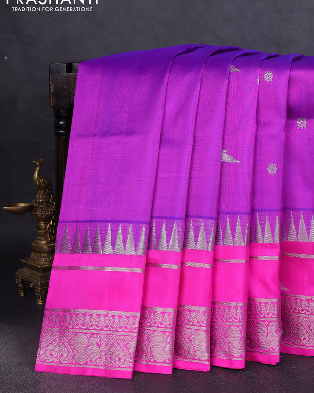 Venkatagiri silk saree purple and pink with silver zari woven buttas and temple design zari woven border