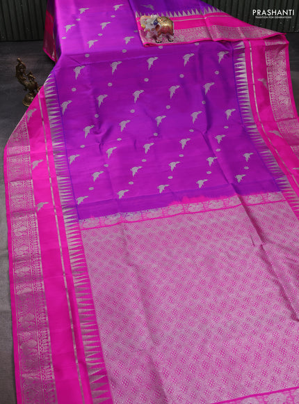 Venkatagiri silk saree purple and pink with silver zari woven buttas and temple design zari woven border