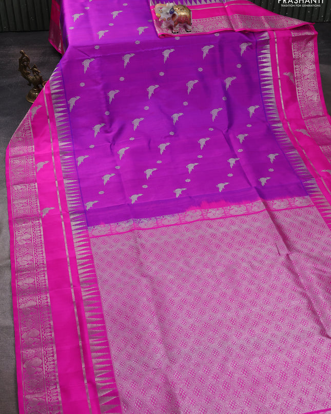 Venkatagiri silk saree purple and pink with silver zari woven buttas and temple design zari woven border
