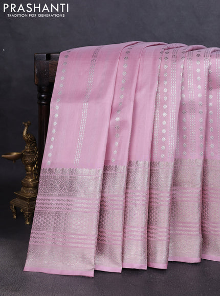Venkatagiri silk saree pastel pink with allover silver zari weaves and long silver zari woven border