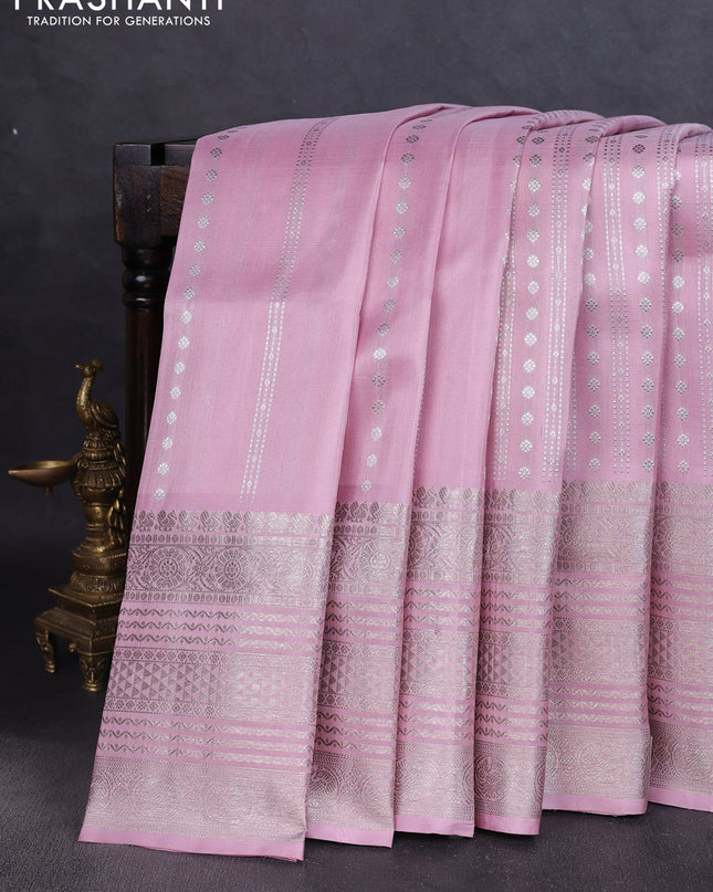 Venkatagiri silk saree pastel pink with allover silver zari weaves and long silver zari woven border