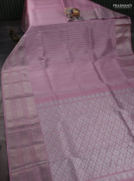 Venkatagiri silk saree pastel pink with allover silver zari weaves and long silver zari woven border