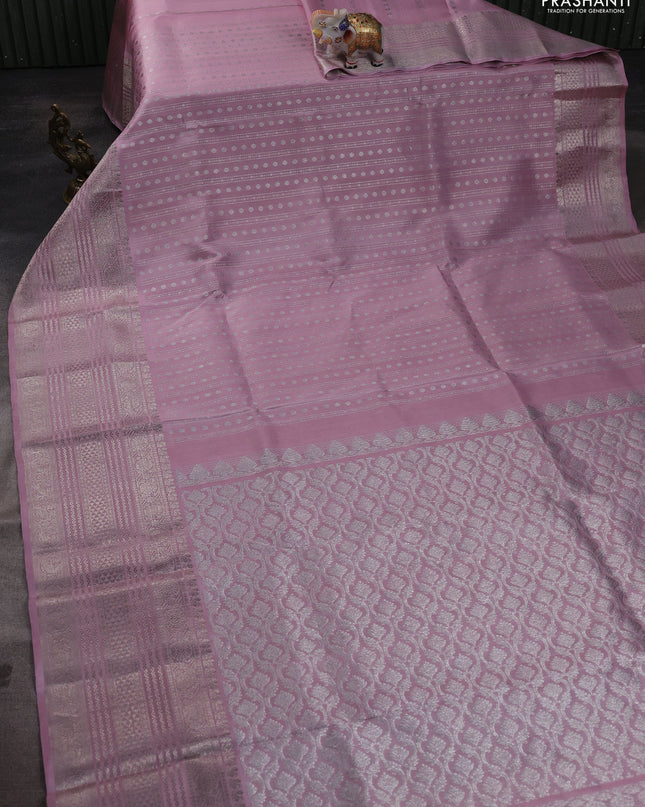 Venkatagiri silk saree pastel pink with allover silver zari weaves and long silver zari woven border