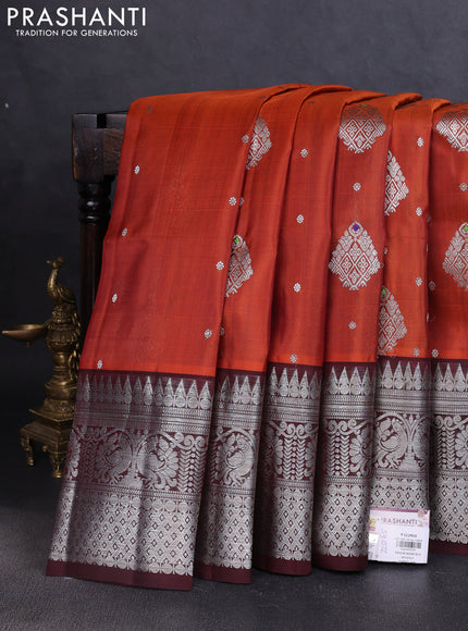 Venkatagiri silk saree rustic orange and deep maroon with silver zari woven buttas and long silver zari woven border