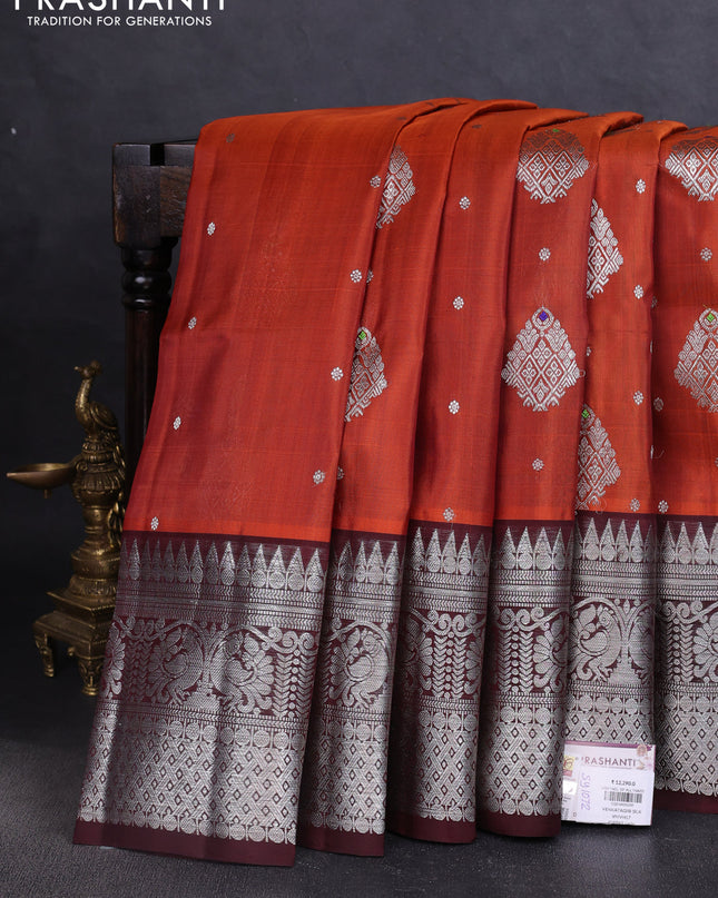 Venkatagiri silk saree rustic orange and deep maroon with silver zari woven buttas and long silver zari woven border