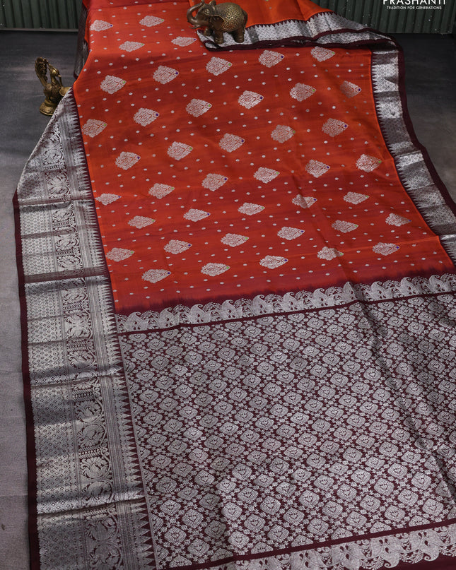 Venkatagiri silk saree rustic orange and deep maroon with silver zari woven buttas and long silver zari woven border