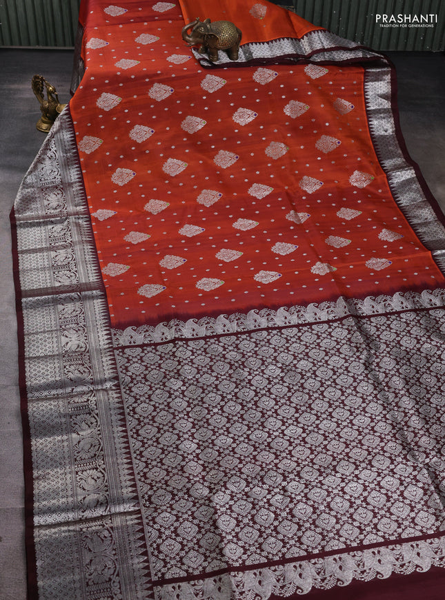 Venkatagiri silk saree rustic orange and deep maroon with silver zari woven buttas and long silver zari woven border
