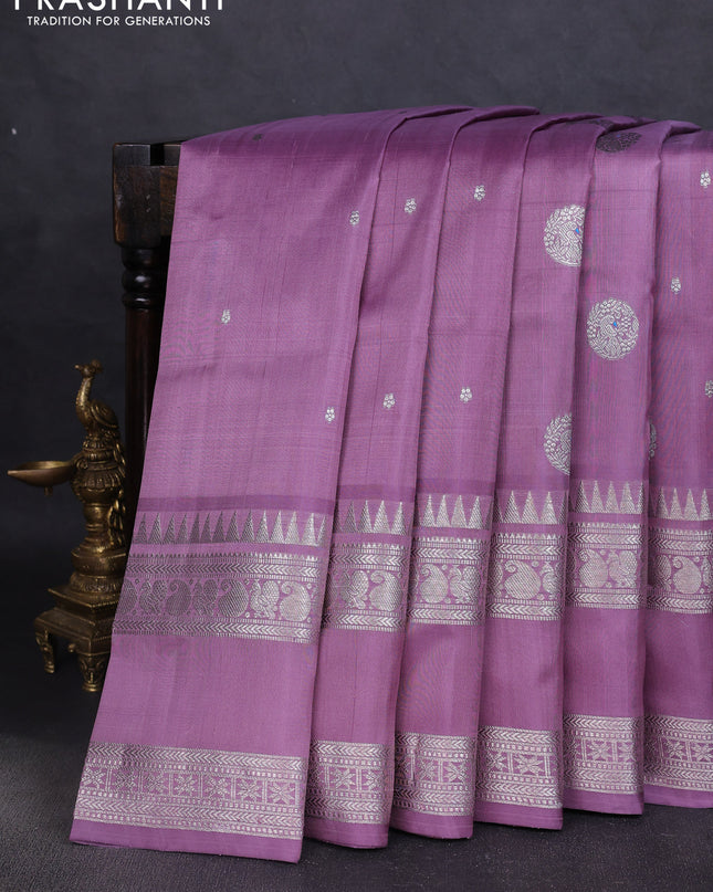 Venkatagiri silk saree pastel lavender with silver zari woven buttas and rich silver zari woven border