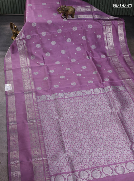 Venkatagiri silk saree pastel lavender with silver zari woven buttas and rich silver zari woven border