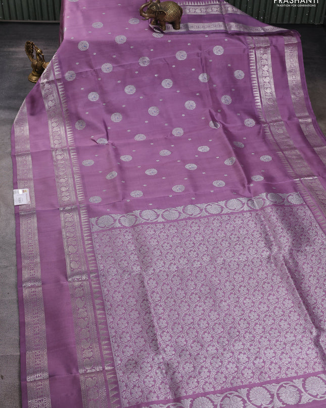 Venkatagiri silk saree pastel lavender with silver zari woven buttas and rich silver zari woven border