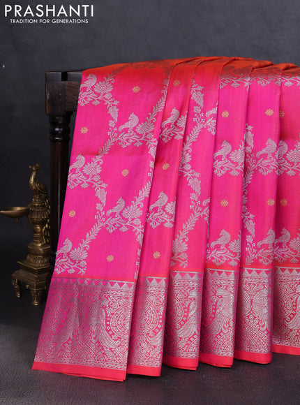Venkatagiri silk saree dual shade of pink with allover silver zari weaves and rich silver zari woven border