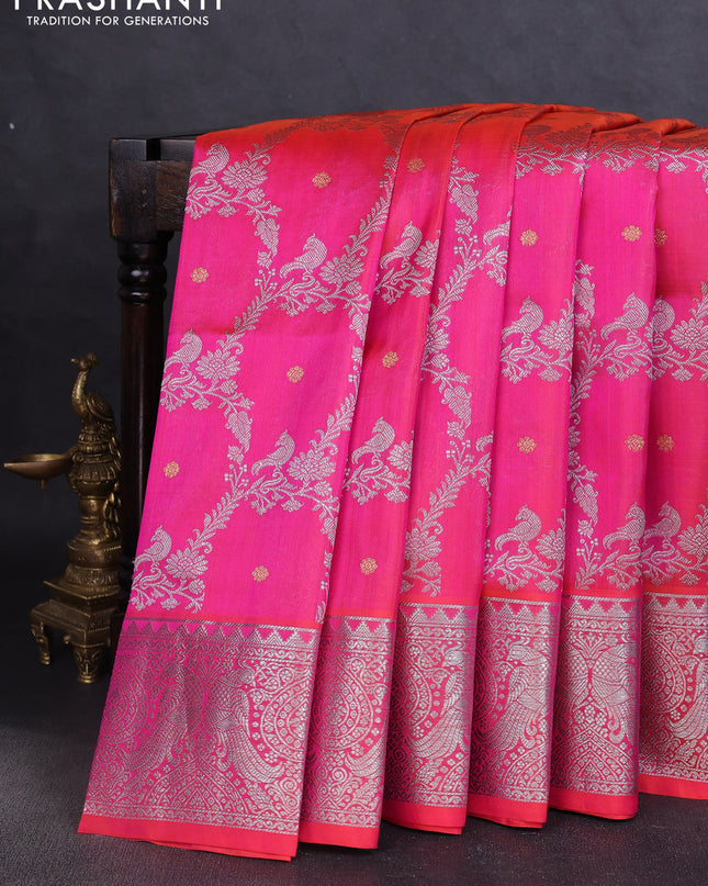Venkatagiri silk saree dual shade of pink with allover silver zari weaves and rich silver zari woven border