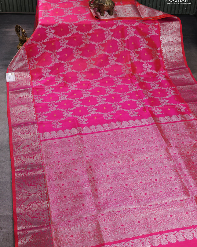 Venkatagiri silk saree dual shade of pink with allover silver zari weaves and rich silver zari woven border