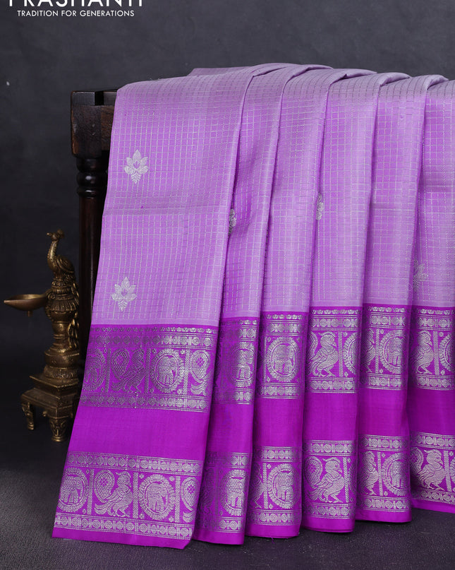 Venkatagiri silk saree lavender and purple with allover silver zari checks & buttas and rettapet silver zari woven border