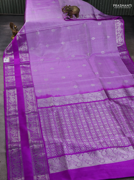 Venkatagiri silk saree lavender and purple with allover silver zari checks & buttas and rettapet silver zari woven border
