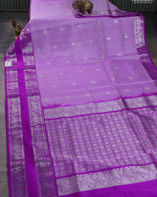 Venkatagiri silk saree lavender and purple with allover silver zari checks & buttas and rettapet silver zari woven border