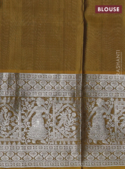 Venkatagiri silk saree mehendi green with allover silver zari checks & buttas and long silver zari woven border