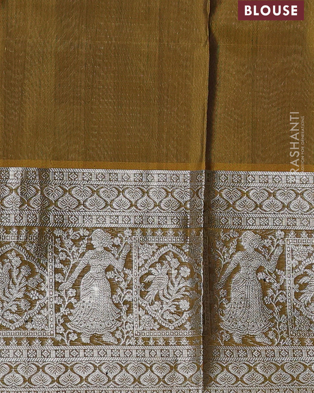 Venkatagiri silk saree mehendi green with allover silver zari checks & buttas and long silver zari woven border