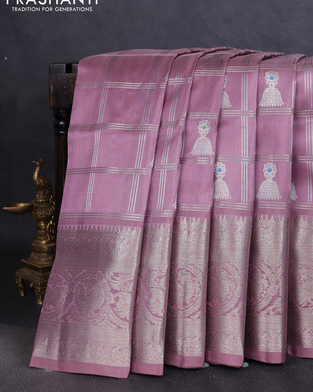 Venkatagiri silk saree pastel pink with allover silver zari checks & buttas and annam silver zari woven border
