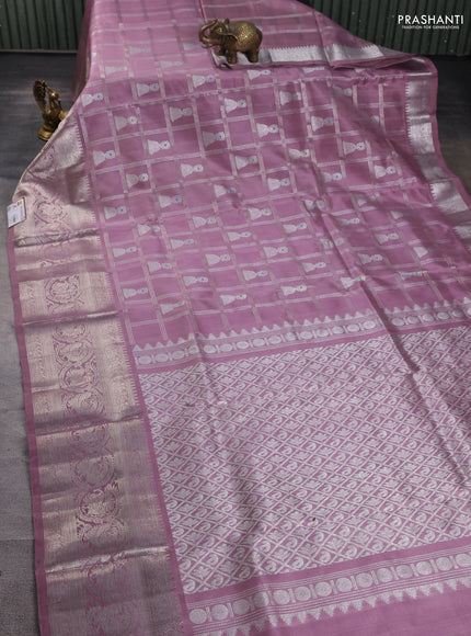 Venkatagiri silk saree pastel pink with allover silver zari checks & buttas and annam silver zari woven border