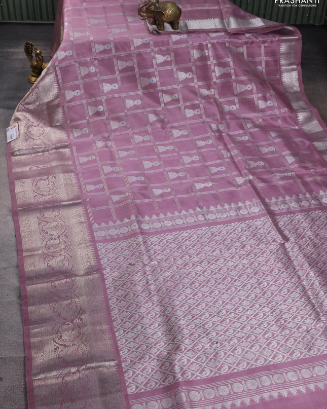 Venkatagiri silk saree pastel pink with allover silver zari checks & buttas and annam silver zari woven border