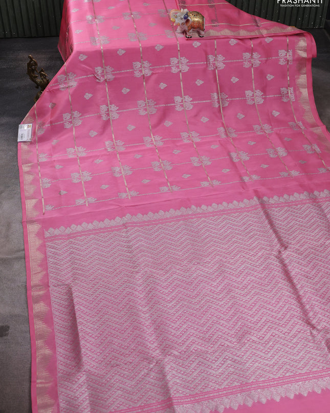 Venkatagiri silk saree light pink with allover silver zari weaves and zari woven border
